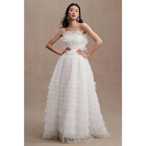 Mac Duggal Kylie Strapless Ruffle Wedding Gown White Feathers 20530 Size 12 NWT